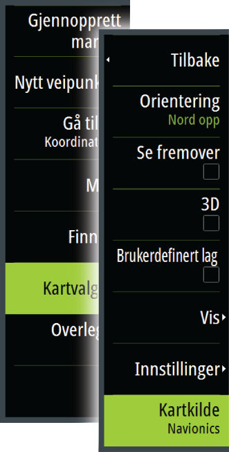 Velge karttype Du angir karttypen på kartpanelet ved å velge én av de tilgjengelige karttypene under menyalternativet Chart source (Kartkilde).