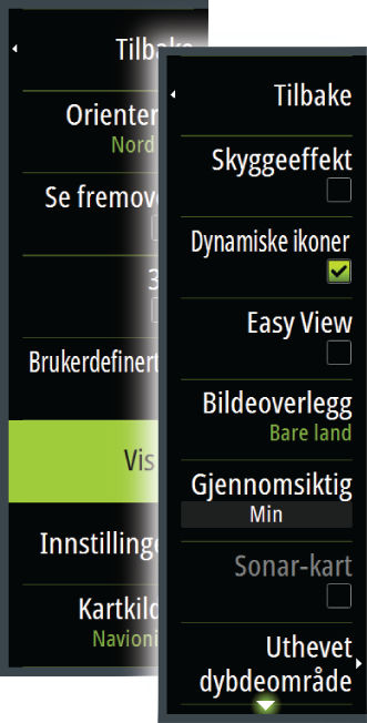 Ú Merk: Den innebygde Navionics-databasen inneholder data ned til 20 m, og etter dette er alt hvitt.