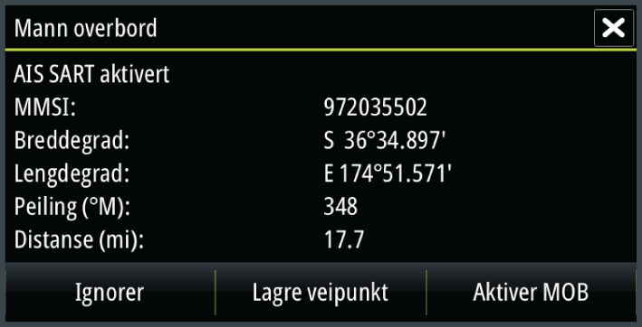 AIS SART Når AIS SART (Sjømerke for søk og redning) er aktivert, overfører funksjonen sin posisjon og identifikasjonsdata. Disse data mottas av AIS-enheten.