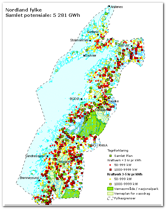 Fig. 6.1: Potensielle småkraftverk i Nordland. Etter 2000 er det gitt en konsesjon i alt 5 småkraftkonsesjoner i Narvik, jfr. tab. 6xx.