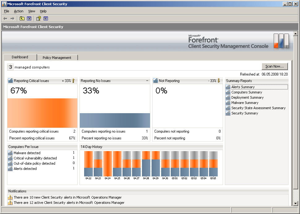 Figur 7: FCS sin administrasjonskonsoll I Dashboard menyen ser vi tre søyler med overskriftene Reporting Critical Issues, Reporting No Issues og Not Reporting.