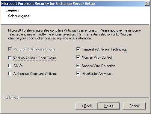 Figur 16: Valg av antimalware motorer ved installasjon Brukergrensesnitt Administrasjonskonsollen har et ryddig grafisk grensesnitt som de fleste Microsoft brukere vil kjenne seg igjen i (ref: test 3.