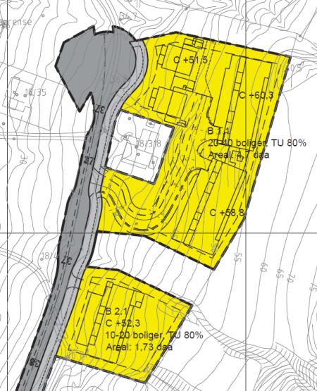 i nedkant av byggeområdet, mot nord, med høyde max C+51,5 (2-3 etg, avhengig av høyde på nederste plan i terrenget). Bratt adkomstvei i sør, inntil eksisterende bolig B.2.1: Lavblokk med max høyde C+52,3 (3-4 etg, avhengig av høyde på nederste plan i terrenget) Adkomst direkte fra adkomstvei B.