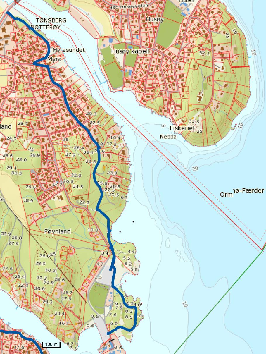 6.7.2 Fjærholmen/Dunholmen A. Tilgjengelighet. Strekningen Foynland-Fjærholmen går i i lettgått terreng, delvis på vei og delvis sti i terreng, noe stigning enkelte steder.