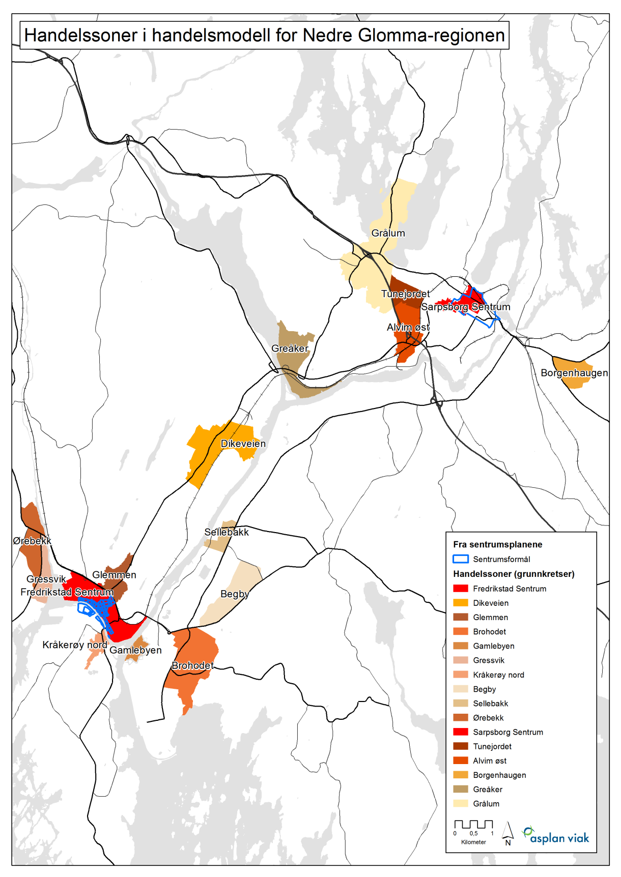 Handel- og senterstruktur for Nedre Glomma mot 2040 51 Figur 5-1. Handelssoner som inngår i handelsmodell for Nedre Glomma-regionen.
