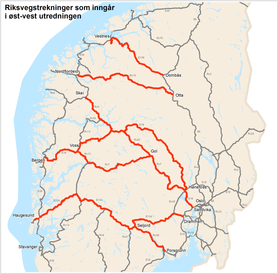 Ny Øst-Vest utredning legges frem 21. januar 2015 Frå E39 og Sørlandsbanen i sør til E136 og Raumabanen i nord Riksvegar: E136 over Raumadalen Rv 15 over Stryn E16 over Filefjell, rv.