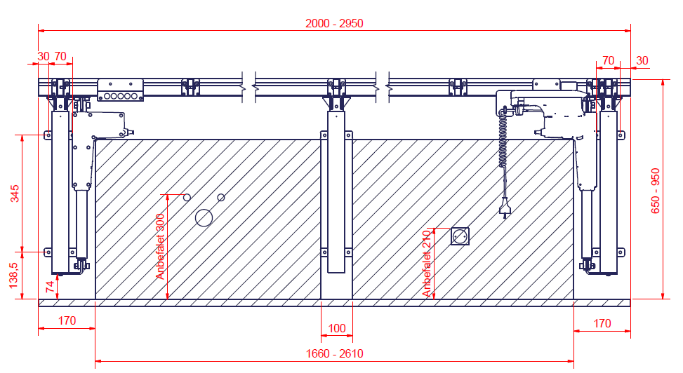 For benkeplatelengde 205-300cm Lengde på Aluminiumsprofil = Lengde på benkeplate minus 5 cm Det anbefales, at vann- og avløpsinstallasjoner plasseres innenfor det skraverte området.