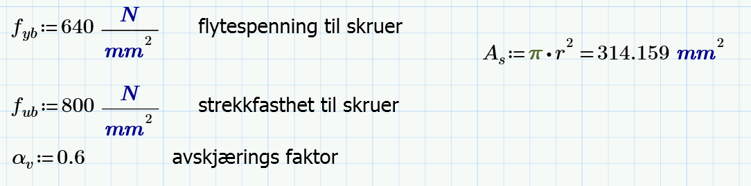 Boltene har blitt valgt etter Tabell B19.7.2 Bind B. Tabellen gir også forslag til nødvendig forankringslengde som er 540mm for M20 bolter.