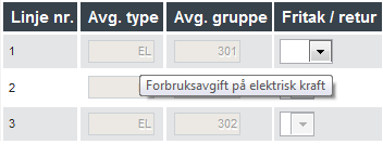 2.4 Tooltip Beskrivende tekst til avgiftstyper, avgiftsgrupper og tilleggskoder vises ved bruk av tooltip.