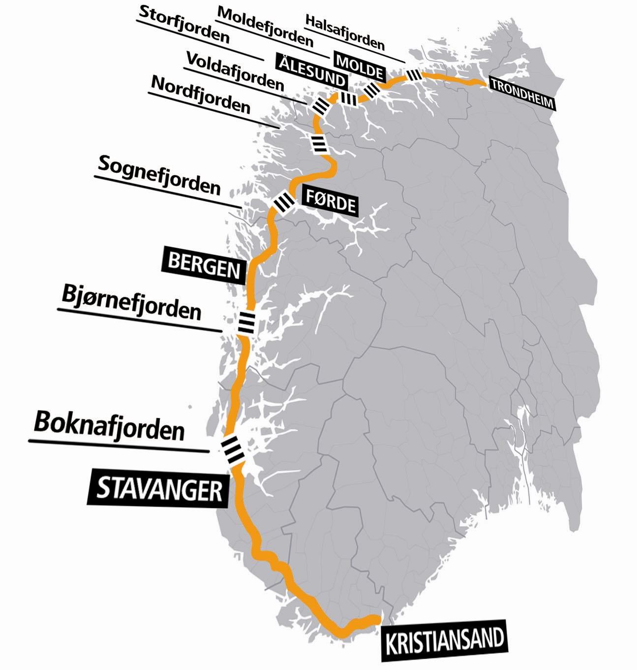 Fjordkryssingene Noen nøkkeltall (bredde, dybde) Halsafjorden, 2 km, 5-600 m dyp Romsdalsfjorden, 13 km undersjøisk tunnel - 330 m + 1,6 km bru, 5-600 m Storfjorden/Sulafjorden, 3,4 km bred, 500 m