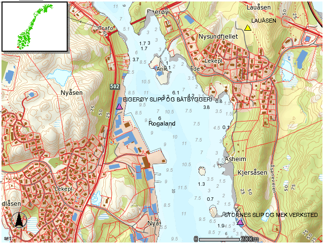 påvirkningsgrad og med mistanke om forurensning. Kartutsnitt fra databasen er vist i figur 12.1. Figur 12.1. Utsnitt fra grunnforurensningsdatabasen til Miljødirektoratet.