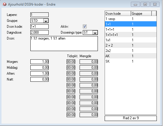 3.2.1 DSSN kode Ajourhold -> DSSN kode Her kan det registreres koder for dosering av medisin. Løpenr. Angis av Profil Dssn gruppe Velg en av opsjonene i Drop-down boksen.