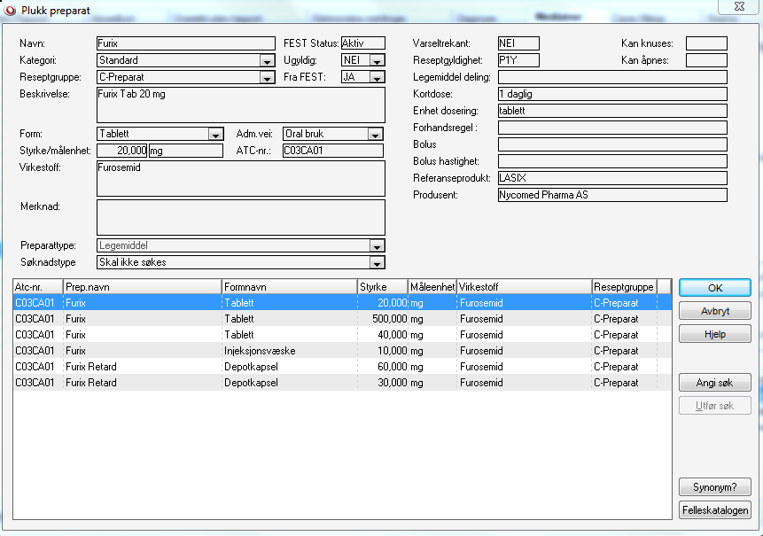Det er lagt til en knapp foran preparatnavnet, som viser mer detaljert informasjon om legemidlet registrert fra FEST katalogen. Dette er et supplement til Felleskatalogen.