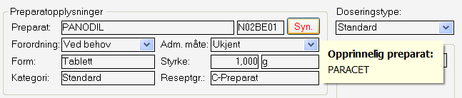 Dersom det er registrert et preparat, og dette skal endres til synonympreparat, kan det gjøre på to måter. 1) Det ene er å klikke på knappen Syn bak preparatnavnet.