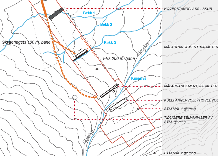 3.4 Mulige spredningsveier 3.4.1 Nedbør og avrenning Skytebanen ligger i myrlendt terreng med helning mot nordøst. Tre små bekker og en elv, Kjoselva, renner gjennom baneområdet.