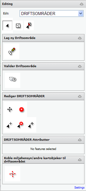 Editor-funksjonen kommer så opp på kartet. Denne kan du lukke og åpne etter behov ved å klikke på trekantsymbolet til høyre oppe på den grå rammen. Editoren har tema som vist til høyre.