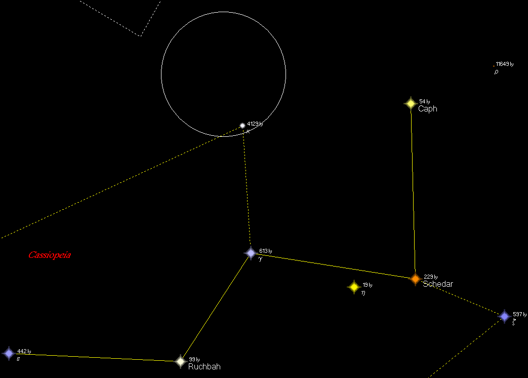 Den nye stjernen, Nova Stella, dukket opp rett nord for stjernen Kappa Kassiopeia. Tycho Brahe har antagelig tegnet stjernene i Kassiopeia etter midnatt, siden stjernebildet stod høyt på himmelen, ca.