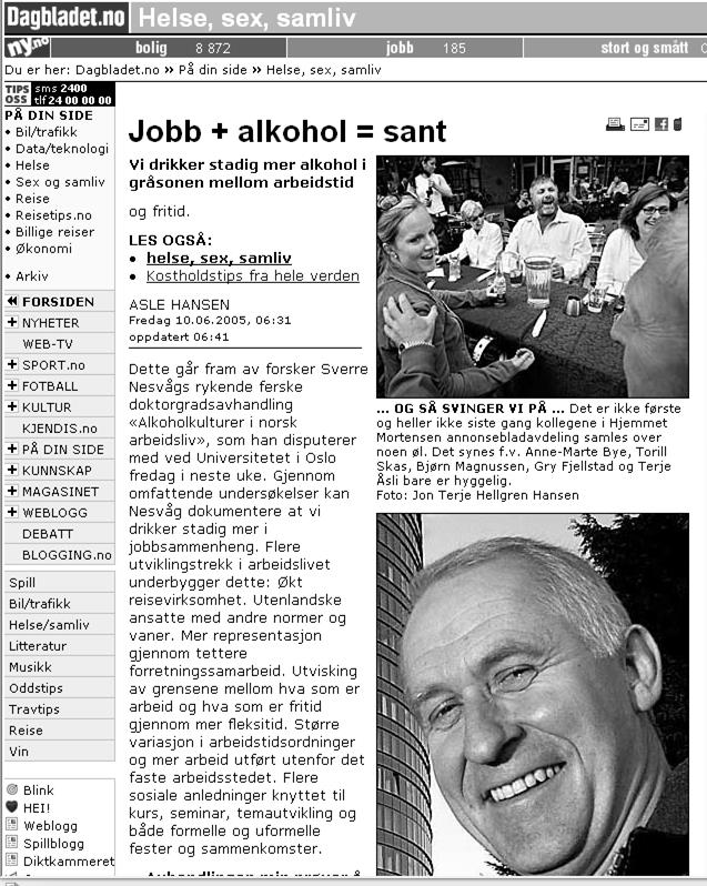 Forsker Sverre Nesvåg uttaler seg til Dagbladet: Jobb + alkohol =