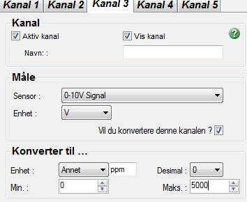 Velg Annet og skriv ppm Konfigurer valgt kanal for eksterne følere med analoge signaler.