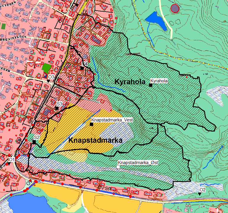 Hydrologi og overvannvurderinger for Knapstadmarka 10 Figur 3: Delfelt for området hentet fra EPA SWMM modell.