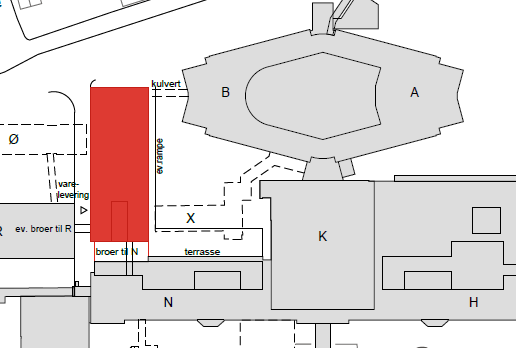 12.2 Alternativ 2, lokalisering vest for fløy B Det er diskutert rokeringshensyn, fremdrift, vurdert behov for riving før bygging, samt diskutert og prinsippavklart mulig teknisk tilknytting for