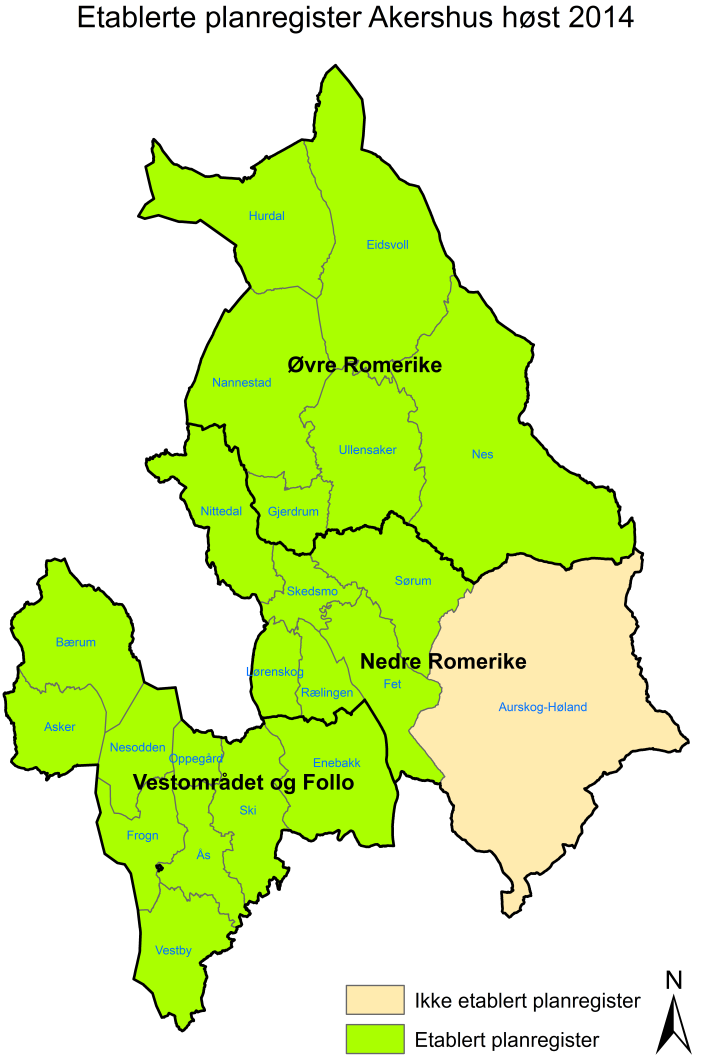 Kommunale planregistre skal være etablert i henhold til gjeldende nasjonal standard i Akershus innen 2016.