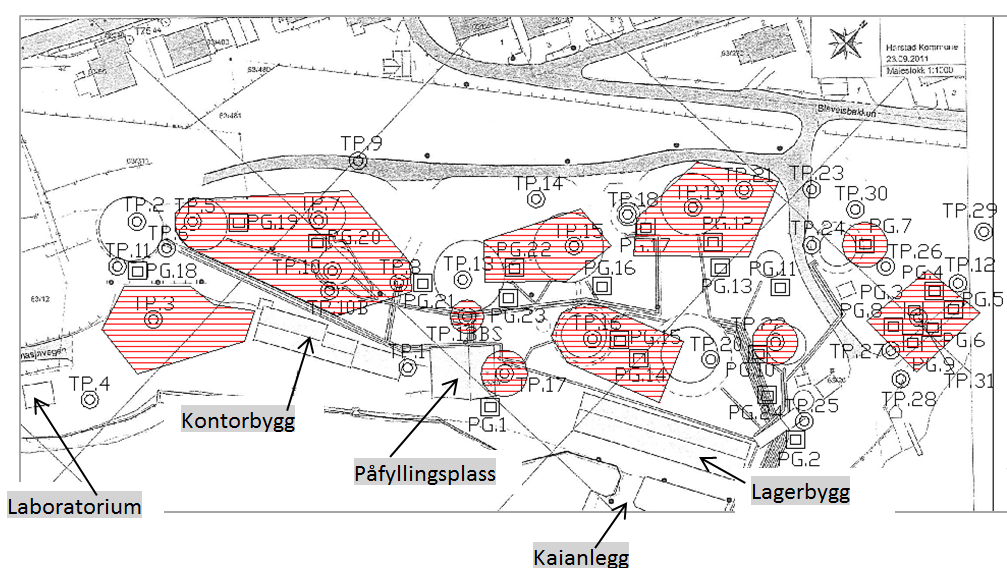 Figur 3. Anslått areal hvor det er nødvendig å sanere jord (skravert med rød farge). Et estimert areal på rundt 7000 m 2 er forurenset over akseptkriteriene.