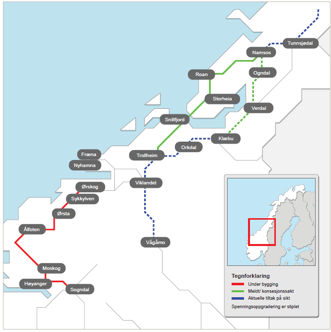 Lokal energiutredning 2013 GRONG 10 4. Beskrivelse av dagens lokale energisystem 4.1 Infrastruktur for energi 4.1.1 Forholdet til Sentralnettet Det overliggende kraftsystemet (sentralnettet) i Midt-Norge har et kraftunderskudd på nærmere 8.