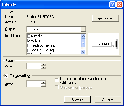 Udskrivning af oprettede labels Angiv udskriftsfunktioner. 3 Udskrivning Klik på. 1 Boksen med printeregenskaber bliver vist. Klik på i boksen med 2 printeregenskaber. Labelen bliver udskrevet.