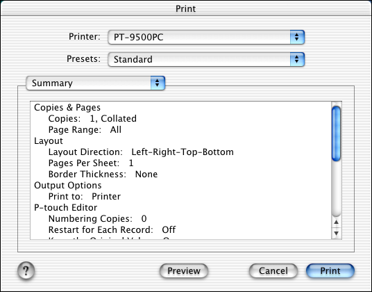 " Output Options Angiv ved udskrivning af data i et filformat. " Halftone/Color Angiv halvtone, lysstyrke og kontrast. " Tape Setting Length: Angiv længden for den anvendte tape.