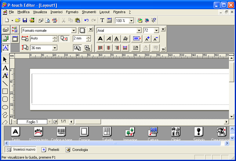 Finestra Layout Quando si avvia P-touch Editor, compare una finestra di dialogo che consente di selezionare il metodo di layout iniziale. Selezionare il layout.