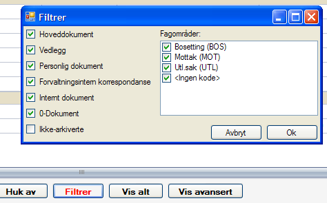 Filtrer hvilke dokumenter du ønsker å se i dokumentlista Klikk på knappen i dokumentlista. Du får da opp et valgboks for å sette opp de dokumenter du ønsker å se i lista.