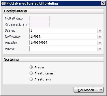 Mottak med forslag til fordeling Når du står i fanen Ordinær refusjon og trykker knappen Ikke godkjente kommer du inn i dette bildet: Her kan du kjøre en rapport som viser mottak som ikke er godkjent