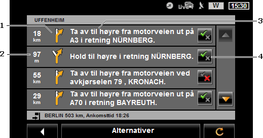 1 Skjematisk fremstilling av det neste veikrysset der du skal ta av. 2 Avstanden til dette veikrysset. 3 Kjøreanvisning og evt. navn på veien du skal ta av til.