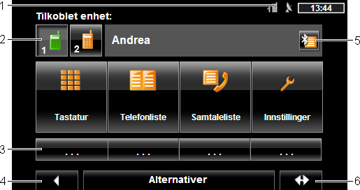 1 Statusvisning for håndfrimodulen. Denne statusvisningen finnes også i navigasjonsprogrammet (se "Bluetooth / Telefon", side 22).