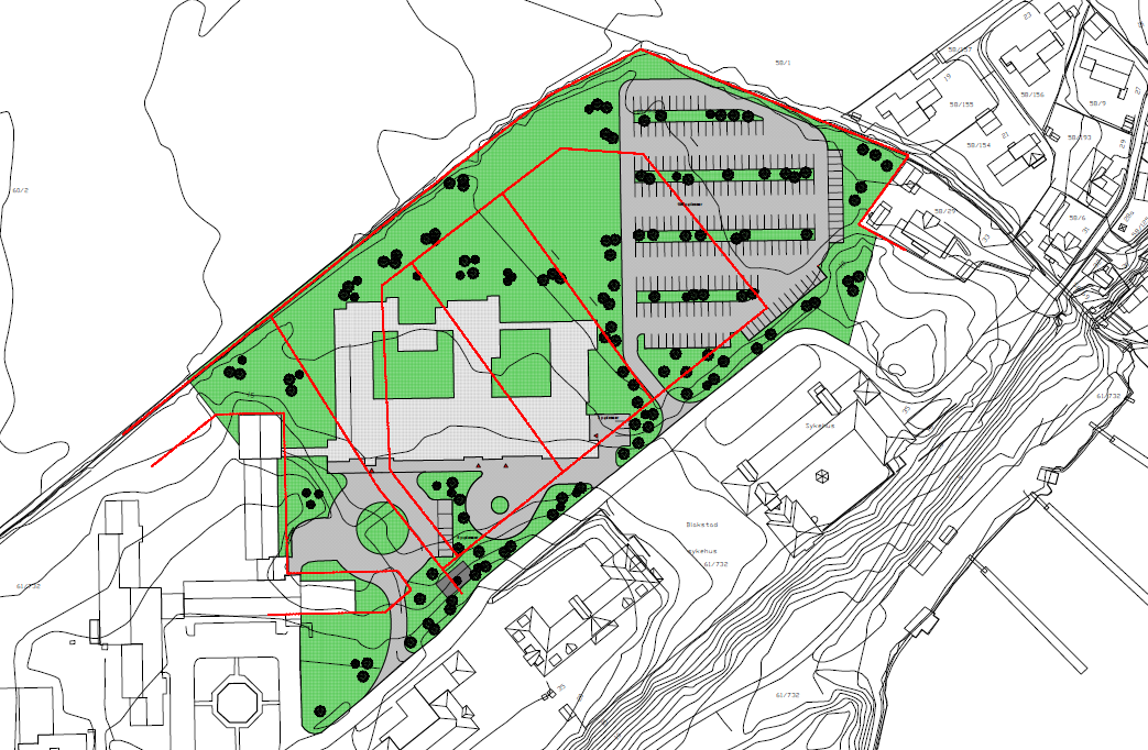 Dato: 09.03.15 Figur 23: Situasjonsplan Blakstad 12.1.2 Prosjektløsning Tomten ligger på en flate der adkomsten fra Strandveien har et fall på ca. seks meter.