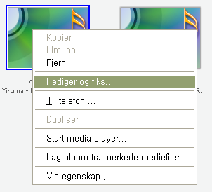 1 Velg en bildefil fra Medier/Fotoalbum. 2 Klikk Rediger oppe til venstre i vinduet. Du kan også høyreklikke filen for å redigere og deretter velge Rediger og fiks i hurtigme nyen. 9.2.4.2. Redigere fotofiler I Multimedia Manager kan du redigere foto- eller bildefiler.