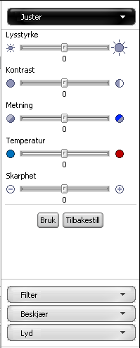 9.2.4.3. Bruke effekt Slik kan du legge til effekter i filmfilene. Bruke effekt Juster: Klikk Juster på høyre side av editoren, velg en effekt, angi nivået for effekten, og klikk Bruk.