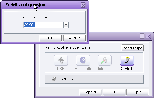 2.6. Seriell For tilkopling av telefon til PC via en Seriell data kabel, velg Seriell i Connection Wizard vinduet etter programminstallasjonen, eller i Connection Manger hovedskjermen, klikk