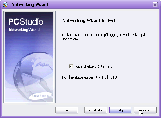 8 I følgende vindu Fullfør, klikk på knappen Fullfør. 9 Opprett et snarveisikon for tilkoplingen på Windows skrivebord, og fullfør Networking Wizard.