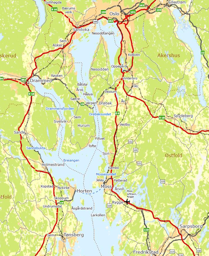 +: Hele Østfold, Akershus og Vestfold Grenland KVU for kryssing av Oslofjorden Det sentrale analyseområdet Sterk vekst 2,4 mill.