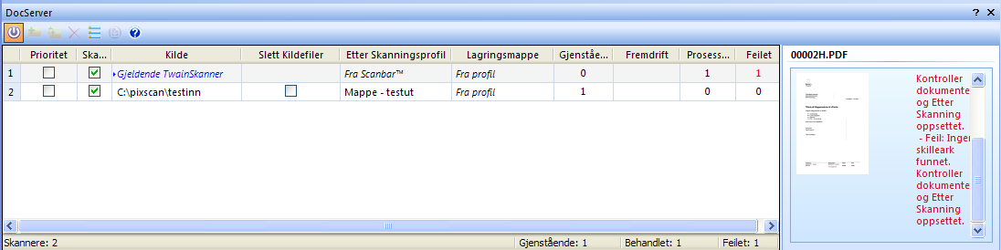 Figur 1: Eksempel på DocServer bilde DocServer vinduet gir en oversikt over hvilke jobber som behandles.