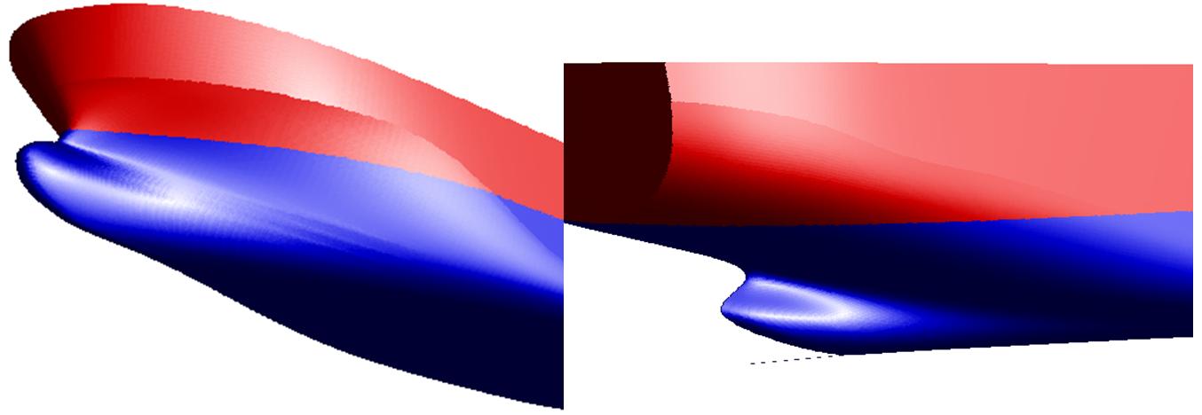 1. Beskrivelse av modell 1.1 Konstruksjon 1.1.1 Fysiske størrelser på modell Fribord og KVL er beregnet med vekt 8.34kg på modellen og i ferskvann. Dette kommer vi tilbake til senere. 1.1.2 Valg og utforming av modell Figur 1 Hovedbegrunnelsen for valget av den modellen vi valgte, var innstrømnings og utstrømningsvinkler.