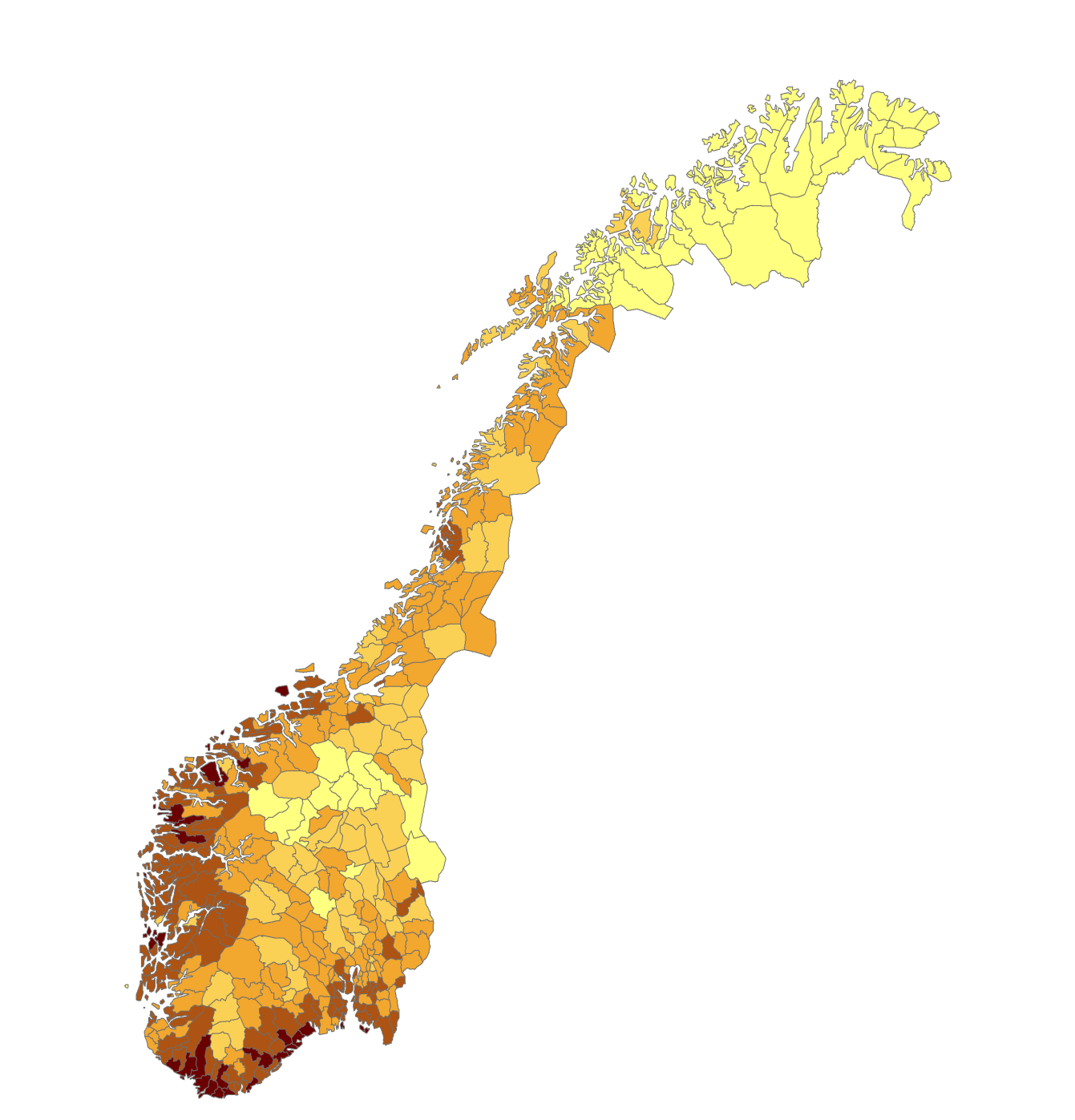 21 Figur 7. Kartet viser utbredelse av flått (Ixodes ricinus). Kartet er et resultat av vekting av fire ulike kilder (se under bildet).