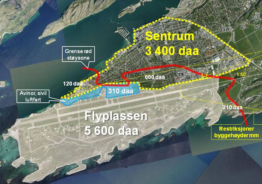 Rundt flyplassen er det definerte støysoner og høydebegrensninger som setter rammer for byutviklingen i Bodø. Pr i dag er Bodøs utforming godt tilpasset denne situasjonen.