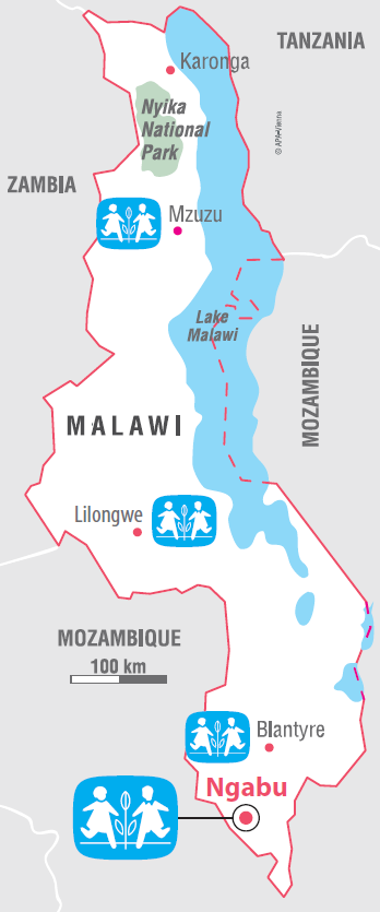 Realisere en ny Odd Fellow-barneby i Malawi Den nye Odd Fellow-barnebyen skal bygges i Ngabu, som ligger langt syd i Malawi Det er i dag tre SOS-barnebyer i Malawi Landbruk er viktig Hiv/aids