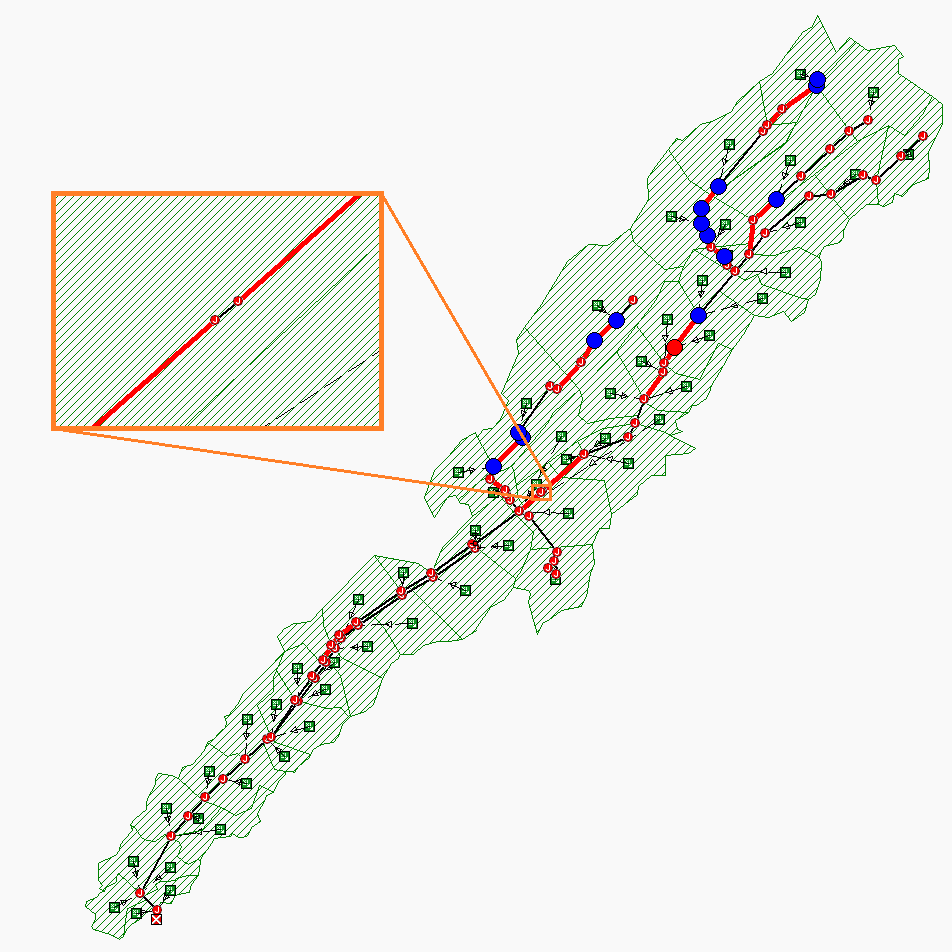 4.4 Innsetting av 2-meters rør for feilsimulering I modellen som er brukt for simulering i Søråsen vil et regnhyetogram som er basert på 2 minutters steglengde, overskride maksimal kapasitet for