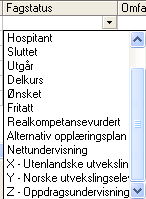 Fagstatus (i Fagskolen er dette Modulstatus) Fagstatus Studentens status på en gitt modul. E = Elev.