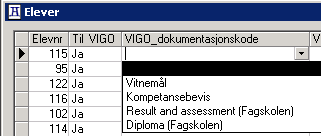 kommentar Hvor plassert i Bevistype Vigo_dokumentasjonskode Viser hvilken bevistype studenten har fått på opplæringen.