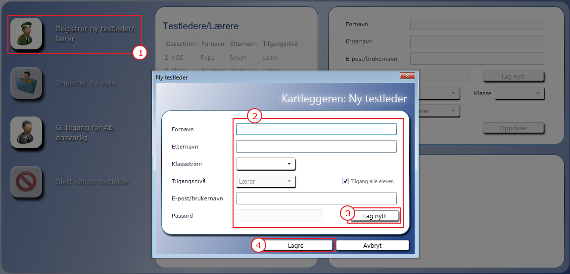 OPPRETTE TESTLEDERE/LÆRERE Adresse: http://lærer.kartleggeren.no Logg inn på adressen over med brukernavnet og passordet du har fått som administrator for skolen. 1. Klikk på Administrere brukere. 2.